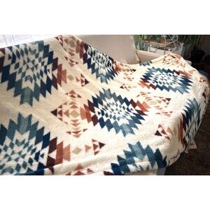 Pendleton Peak Canyon Faux Fur Throw Blanket 49" X 76" Ivory Aztec Reversible